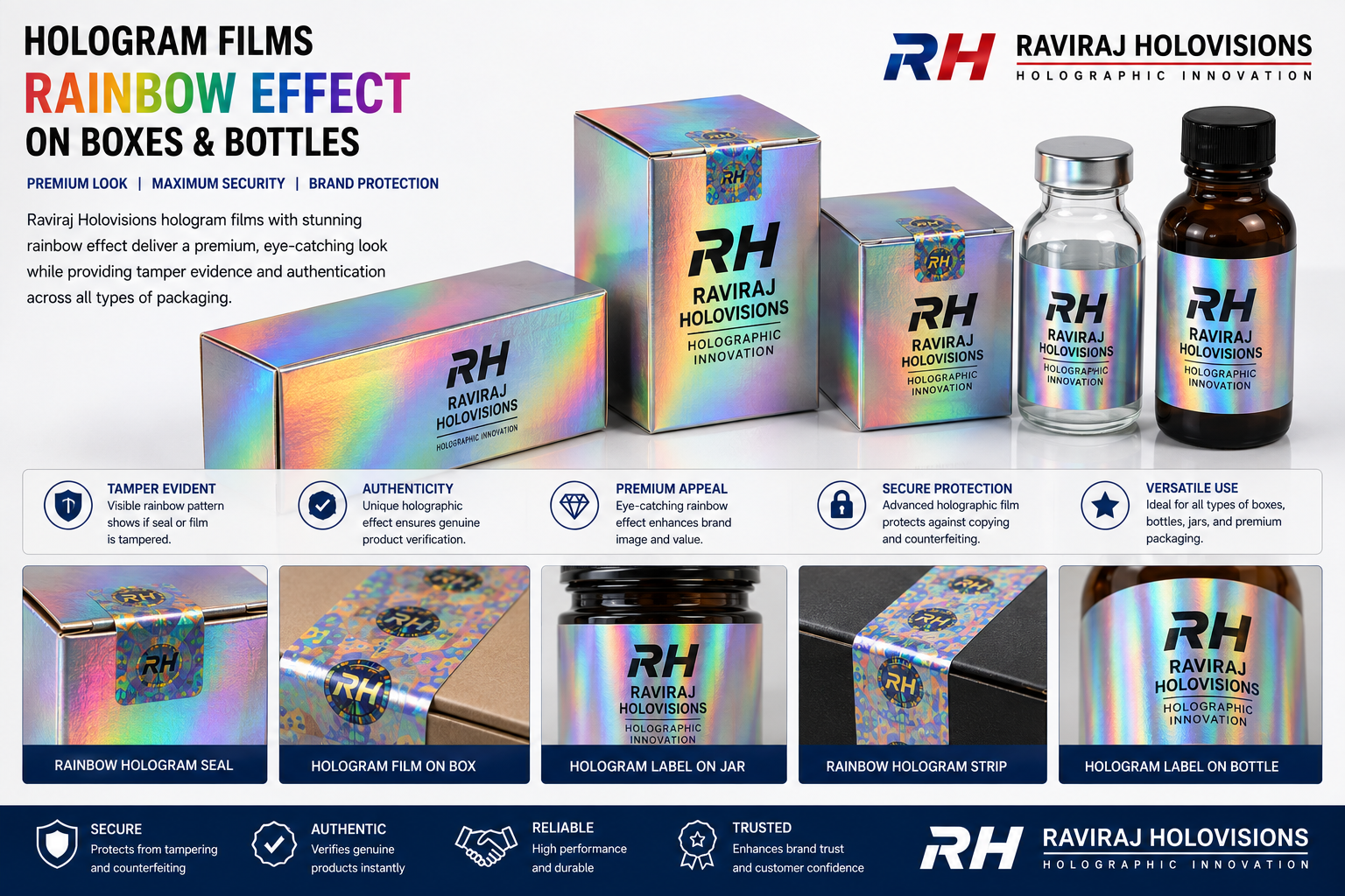 Rainbow hologram films on boxes and bottles